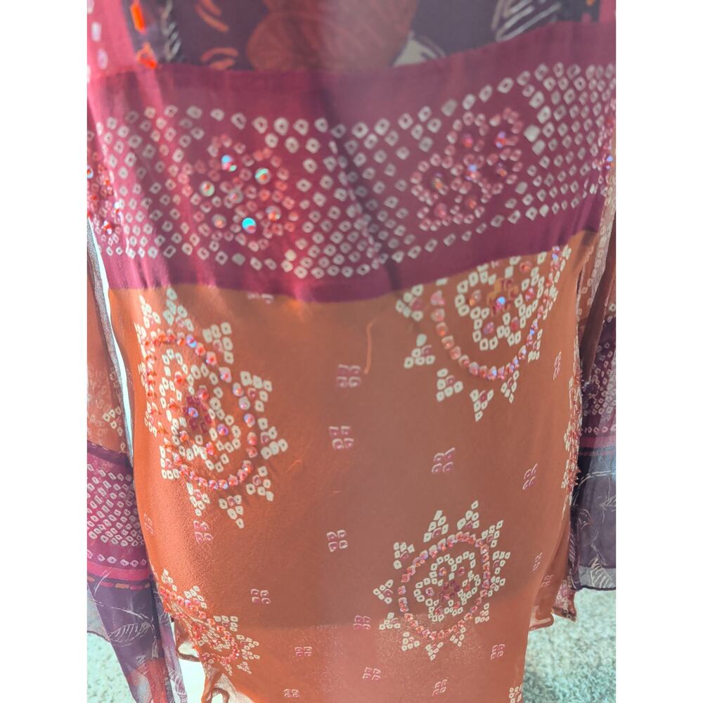 NYC Design Co. Sheer Embellished Tunic Top L Silk Blend Maroon Long Sleeve China - Picture 3 of 9